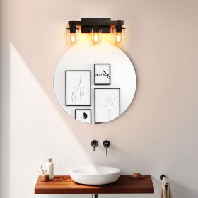 19" Rustic 3-Light Vanity Light, Industrial Bathroom Wall Sconce with Glass Shades and Wood Accent, Modern Farmhouse Lighting Fixture (No Bulbs)
