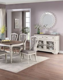 Antique White Set of 2 Dining Chairs Grey Upholstered Tufted unique Design Chairs Back Cushion Seat Dining Room