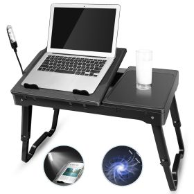 Foldable Laptop Table Bed Notebook Desk w/Cooling Fan Mouse Board LED light 4 x USB Ports Breakfast Snacking Tray with Storage Groove For Home Of (Color: BLACK)